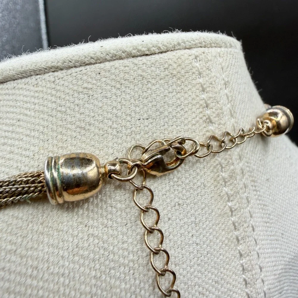 Gold Tone Multi Strand Mesh Chain Lariat Knot Tassel Necklace Statement Boho